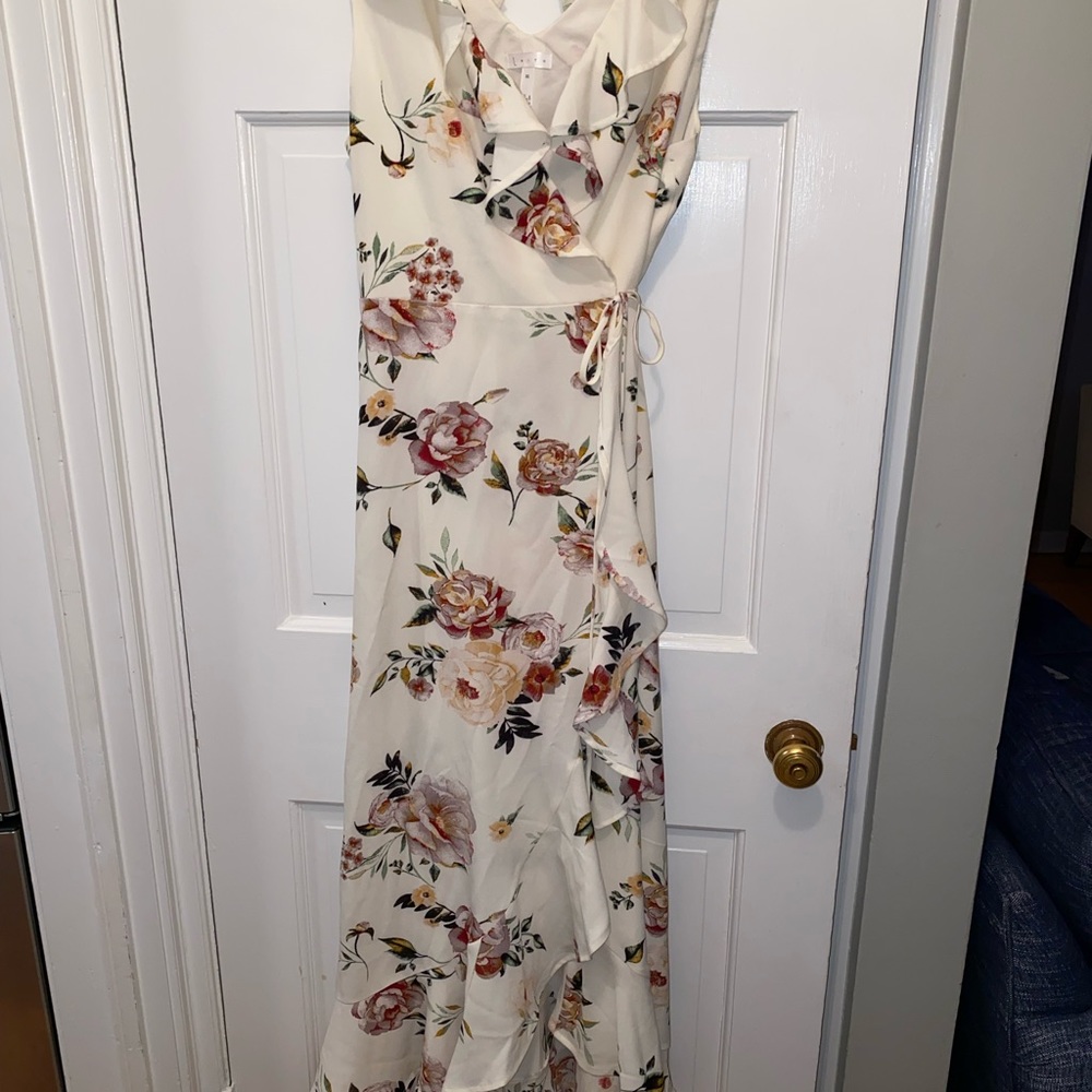 White Floral Maxi Wrap Dress with Ruffles